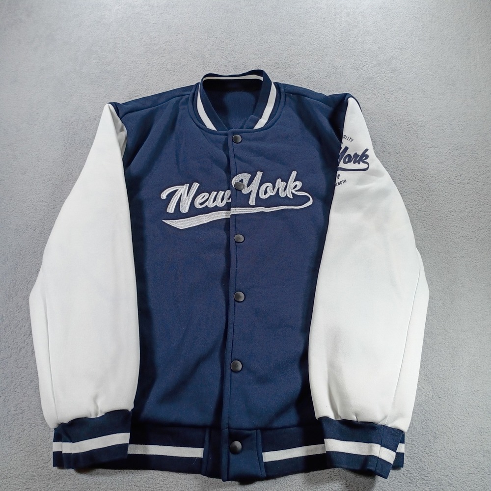 Romwe Mens Varsity Jacket New York Navy Blue Medium Snap Front Letterman